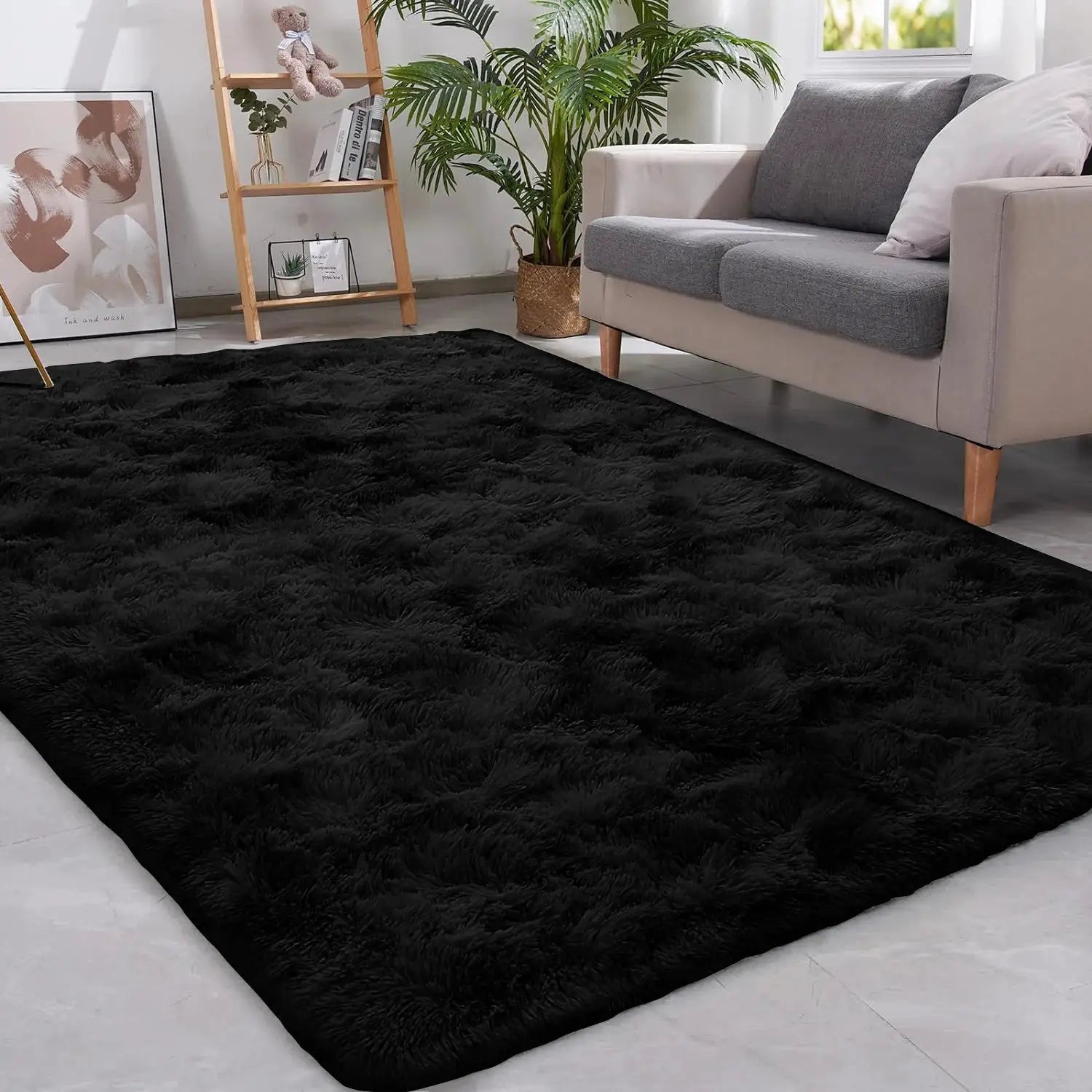 Shaggy dark gray rug for living room, plush floor mat