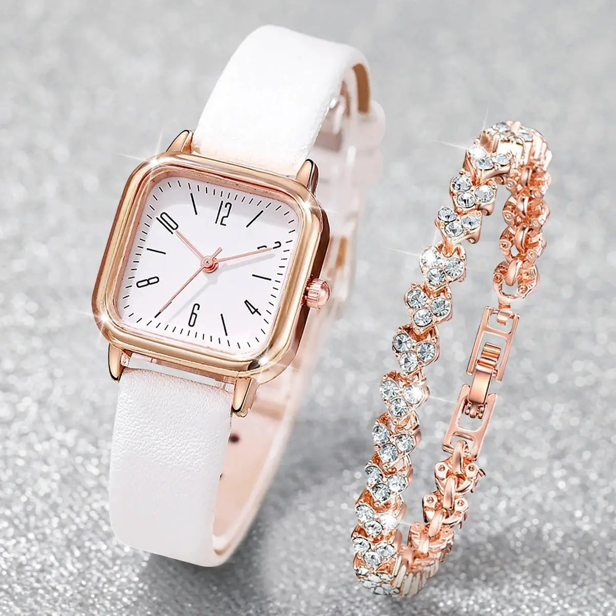Watch and crystal bracelet set: rose-gold square-face watch with white leather strap and rhinestone bracelet