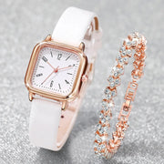 Watch and crystal bracelet set: rose-gold square-face watch with white leather strap and rhinestone bracelet