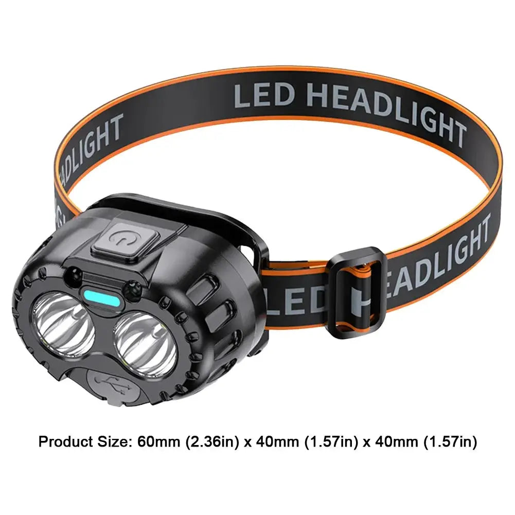 Simples Market LED headlamp with dual LED headlights, black rugged body, orange-trim adjustable strap