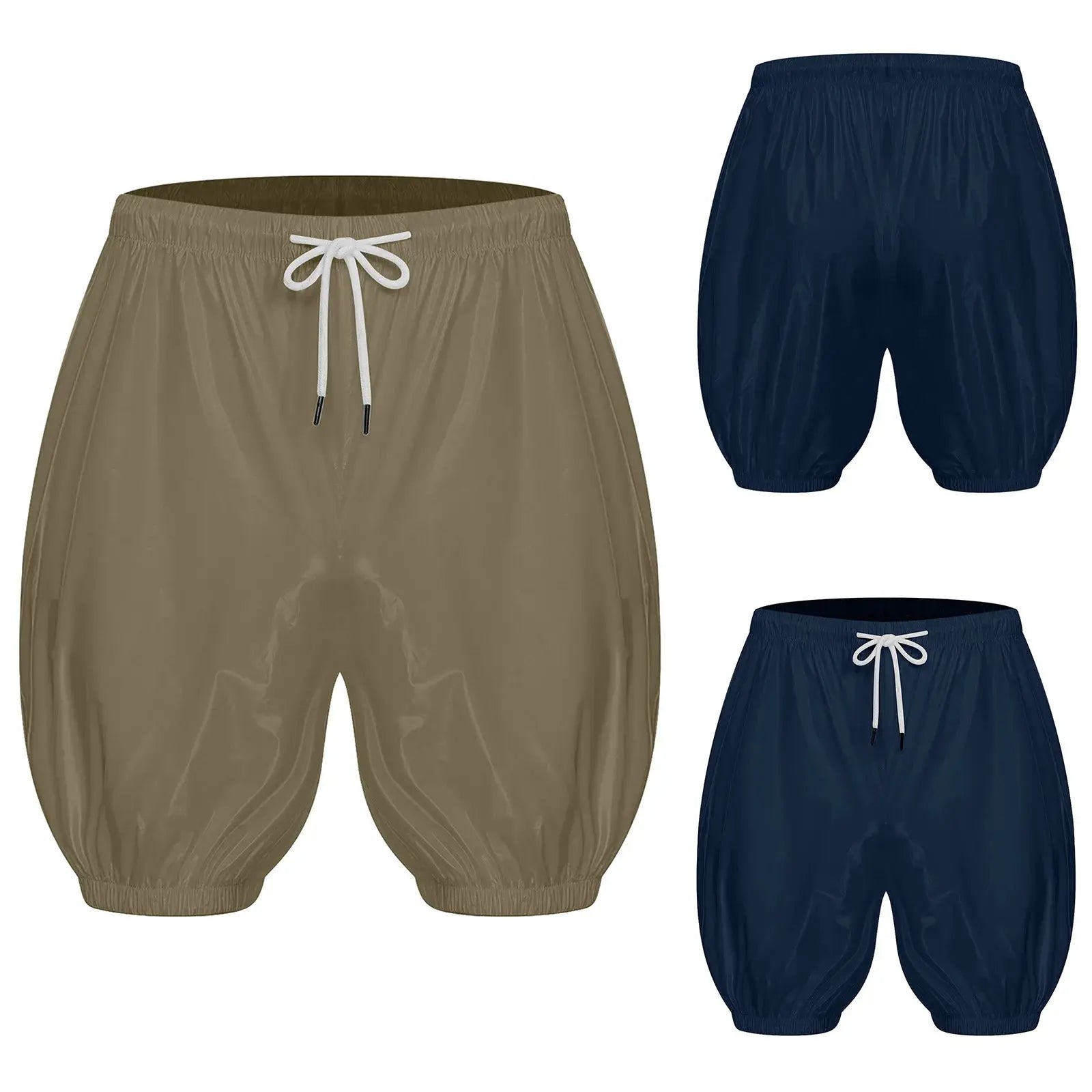 Adult diaper cover shorts by Simples Market, waterproof reusable with drawstring in tan, navy, and royal blue