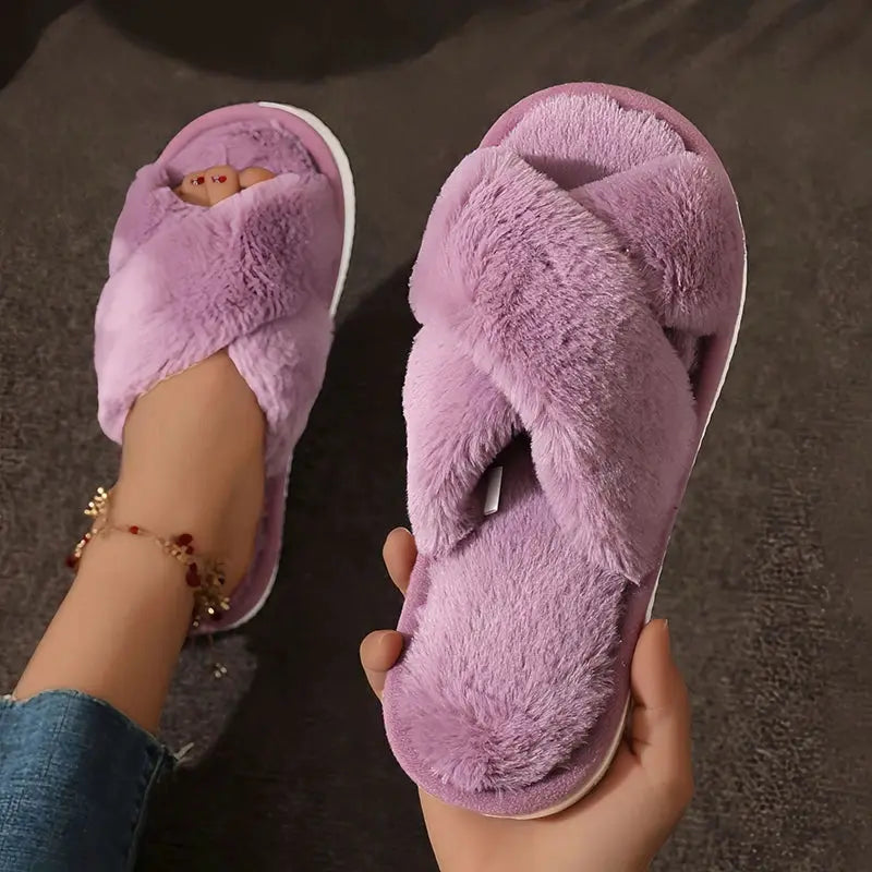 Autumn Fashion Cross Strap Faux Fur Slippers For Women Indoor Light Warm Plush Home Shoes Flat Heel
