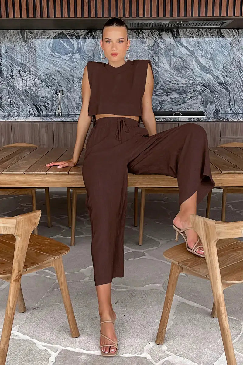 Linen Two Piece Pant Set With Crop Top For Women Spring Summer 2025