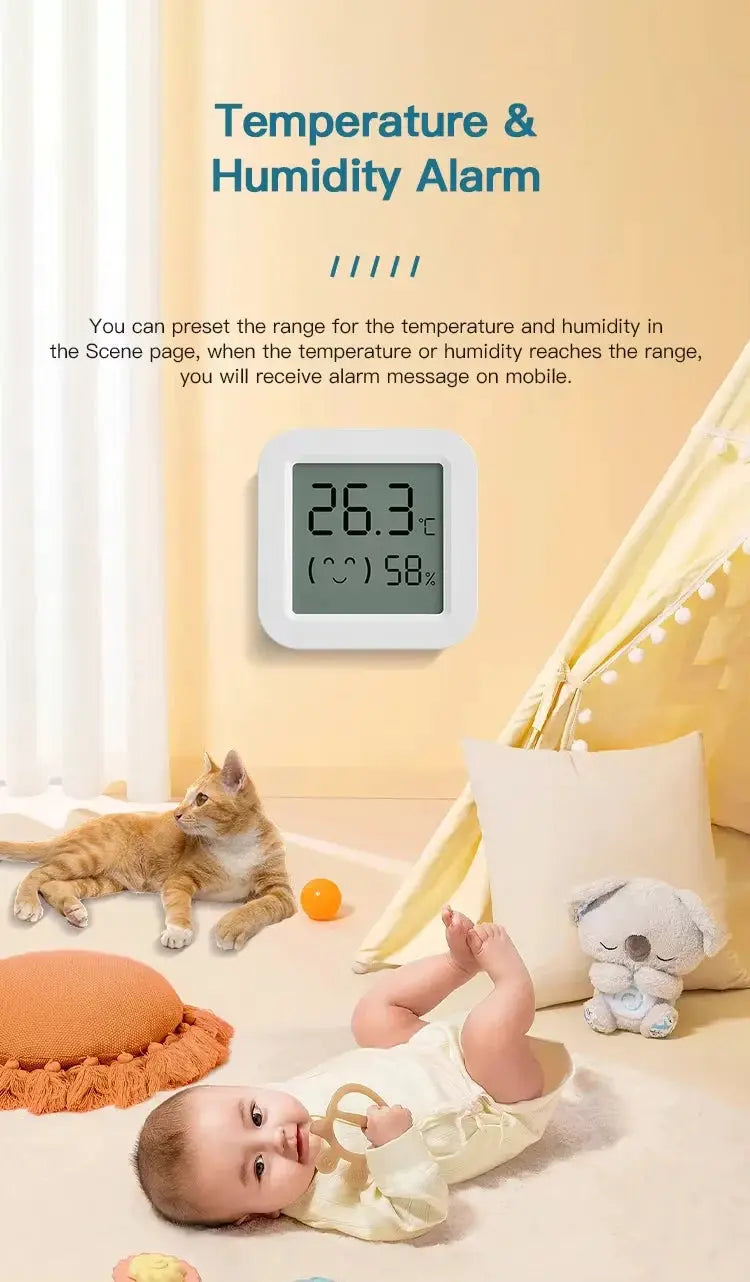 White Zigbee temperature and humidity sensor with LCD display for smart home