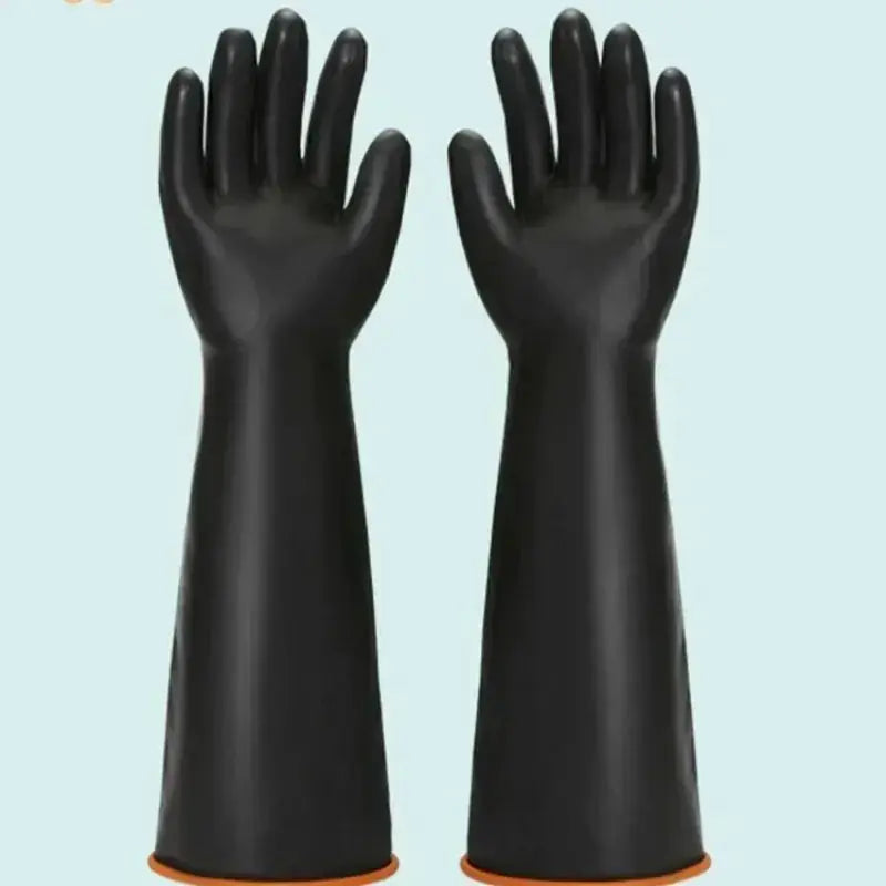 Pair of black heavy-duty rubber gloves, long 35/45/55 cm, acid-alkali resistant for industrial use.