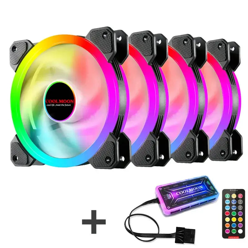 Six COOLMOON 120mm RGB PC cooling fans with IR remote controller