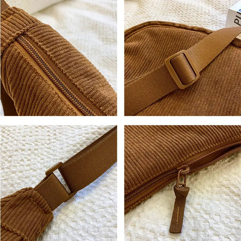 Solid brown corduroy women's hobo shoulder bag with adjustable crossbody strap by Simples Market.