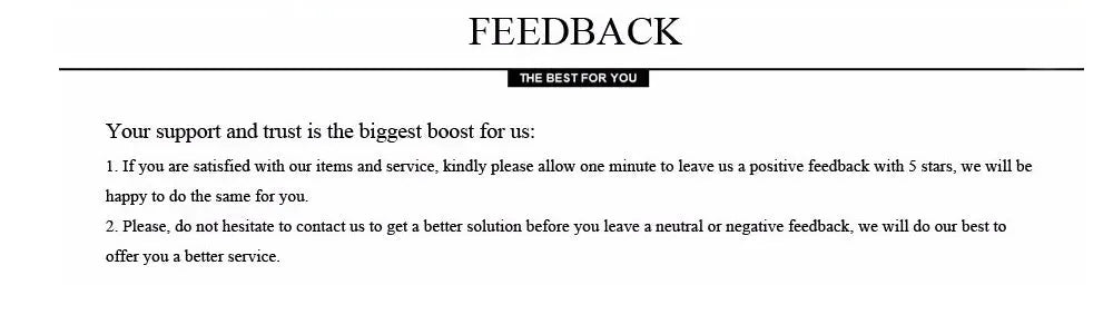 Feedback page screenshot with FEEDBACK title, THE BEST FOR YOU badge, and customer service notes.