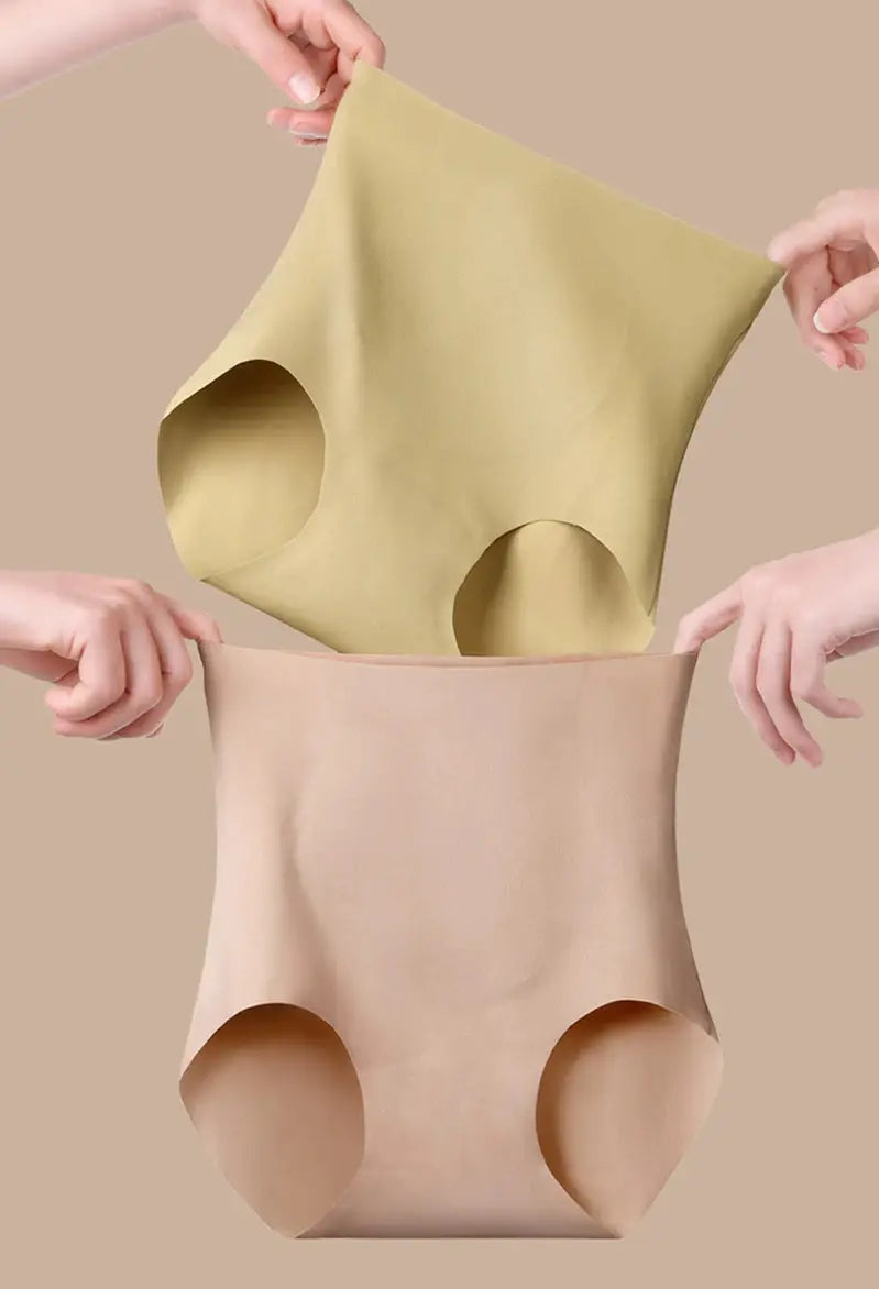 Women high-rise body shaper underwear; stretchy seamless beige and olive two-piece set with circular leg openings.