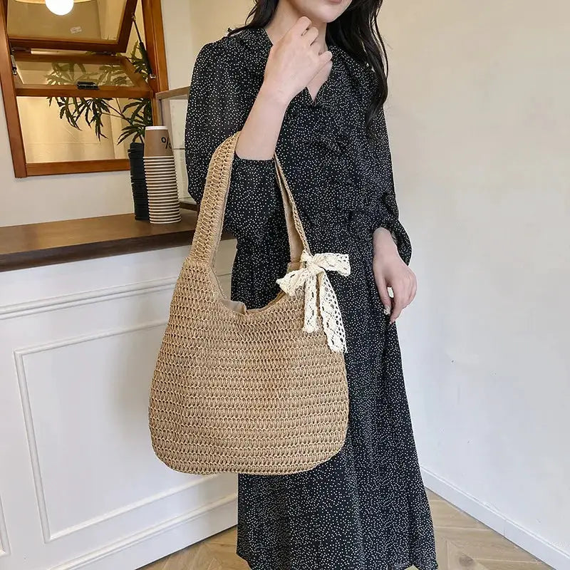 Rattan women’s shoulder bag, large natural beige straw tote with cream lace bow