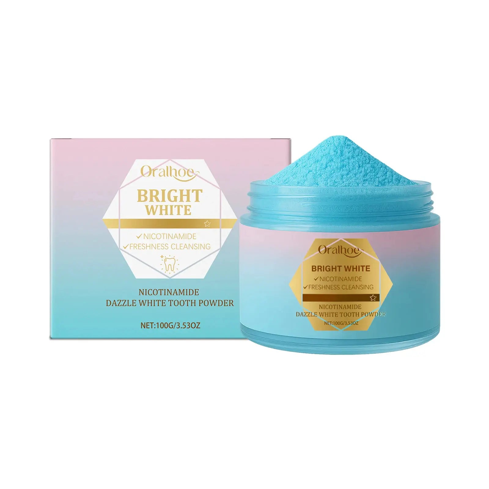 Tooth powder by Simples Market, Niacinamide Bright White; blue powder in gradient pink–blue jar