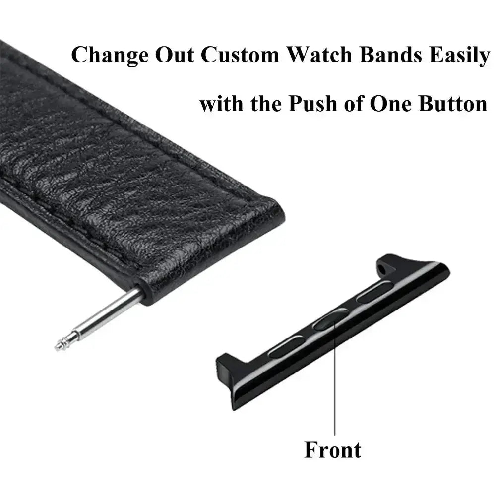 Apple Watch band adapter by Simples Market, black metal connector with leather strap
