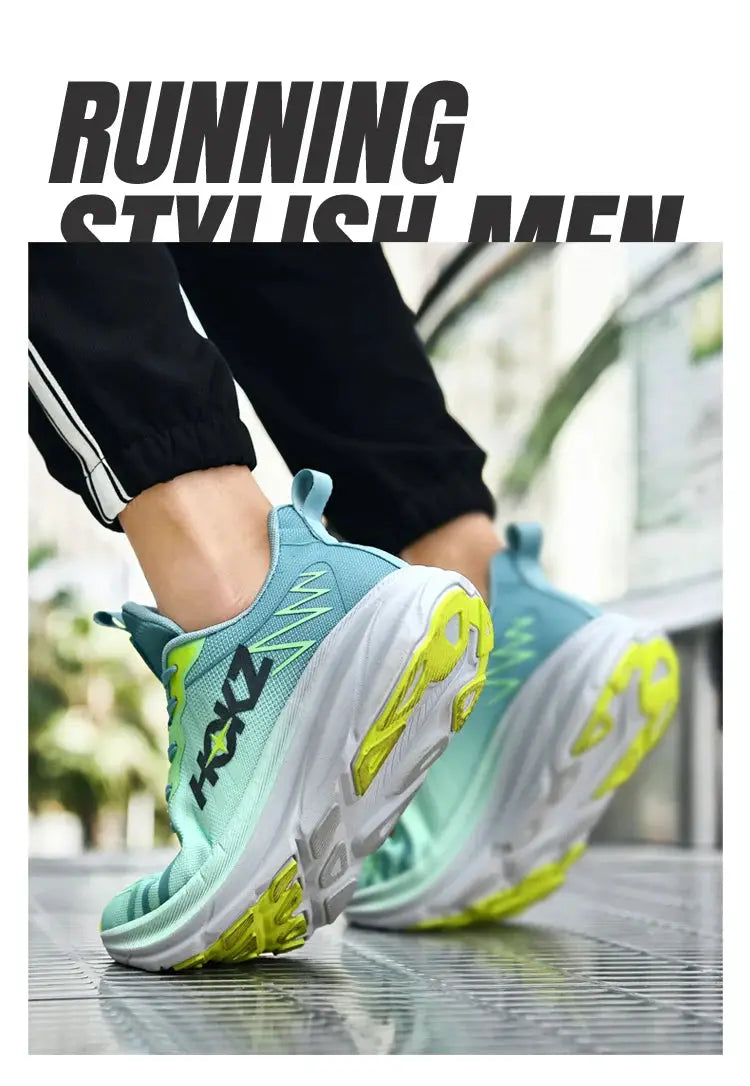Men's running shoes with teal mesh upper and neon lime outsole; cushioned, lightweight, breathable.