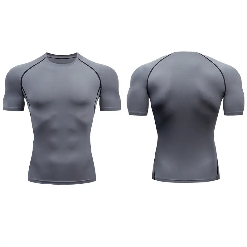 Simples Market men's gray compression running T-shirt with short sleeves, front and back views