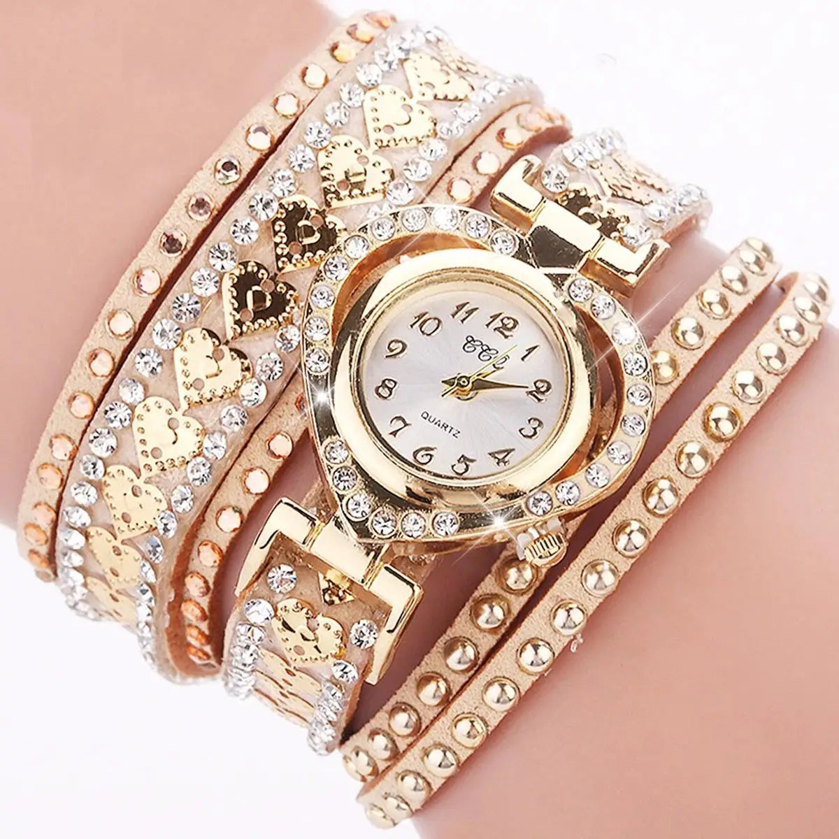 Simples Market women's watch with rhinestone heart dial on a long gold-tone velvet wrap band