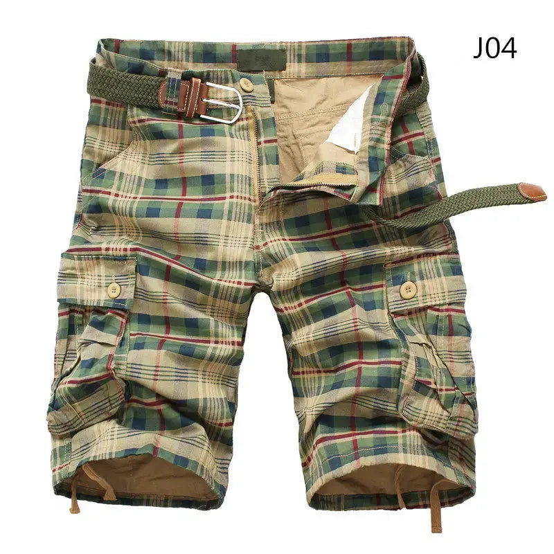 Simples Market men's plaid cargo shorts with belt, beige-green-red checked Bermuda beach shorts with pockets