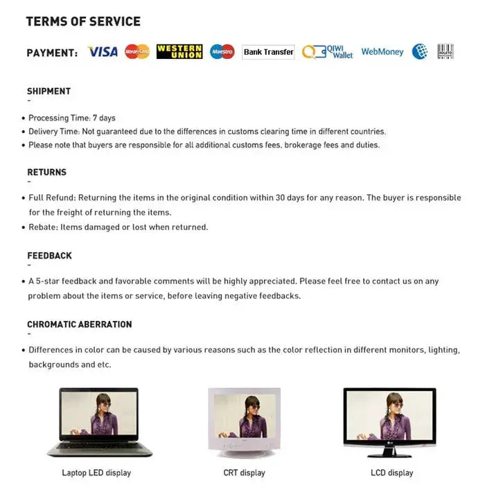 Terms of Service page with payment logos and three monitor thumbnails: Laptop LED, CRT, LCD.