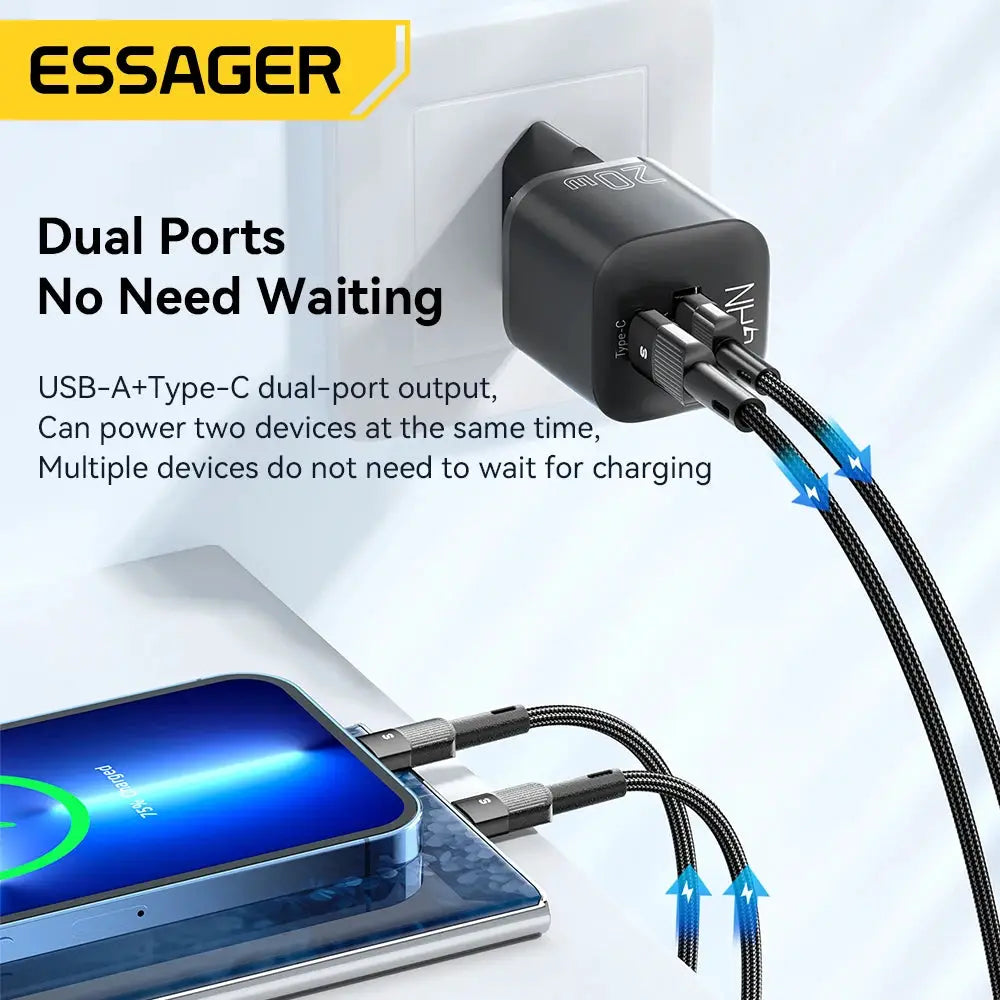 Essager 20W GaN PD USB-C charger with USB-A + Type-C dual ports, charges two devices at once, black by Simples Market