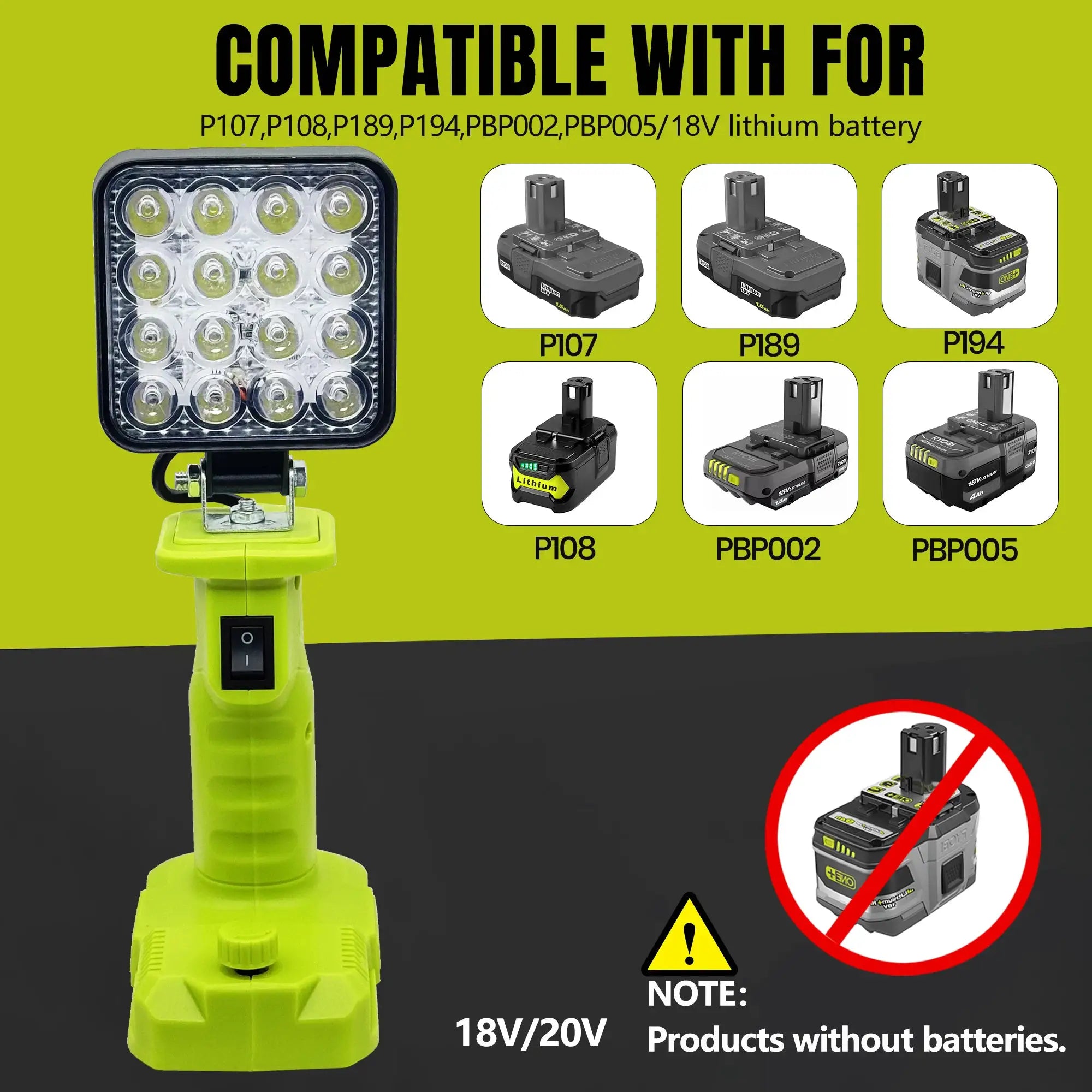 LED Flashlight Compatible With Makita DeWalt Milwaukee Bosch Ryobi Lithium Battery Packs Working Light For Camping