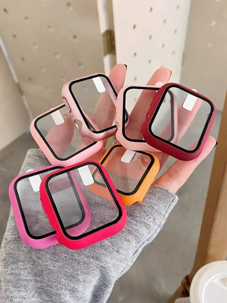 Simples Market tempered glass+case for Apple Watch; six colorful frame protectors in pink, purple, orange and red.