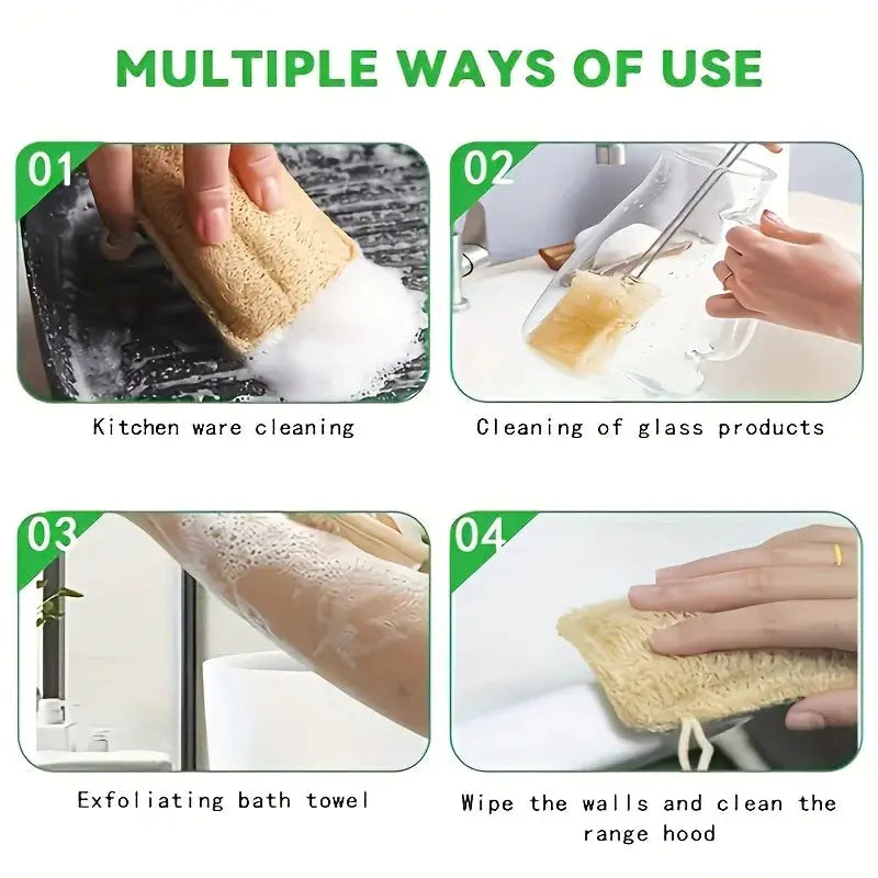 6-pack natural loofah exfoliating sponges by Simples Market; bamboo fiber cleaning pads for shower, bath, kitchen and glass cleaning