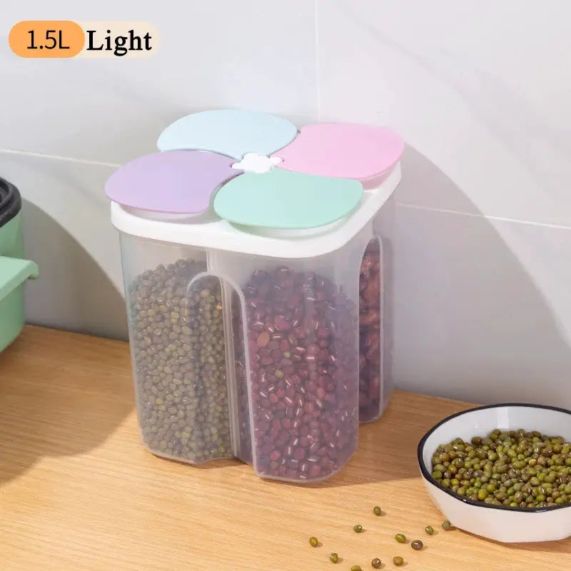KitchenKeeper Four Grid Cereals Storage Box Moisture Proof Sealed Food Container Keeps Fresh