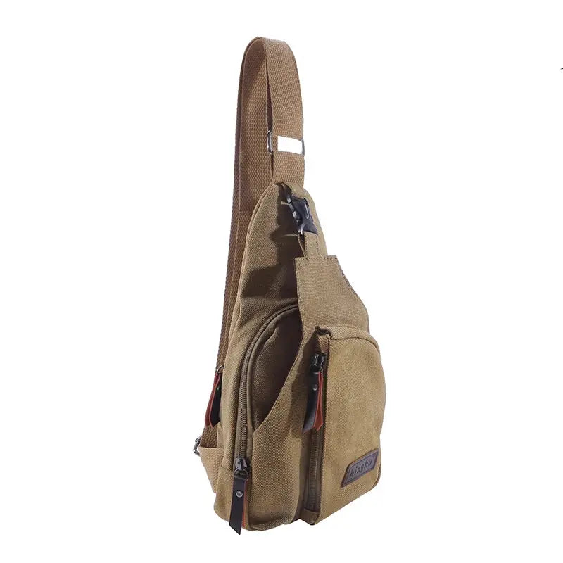 New Men's vintage canvas satchel shoulder sling chest pack by Simples Market, brown with multiple zipper pockets