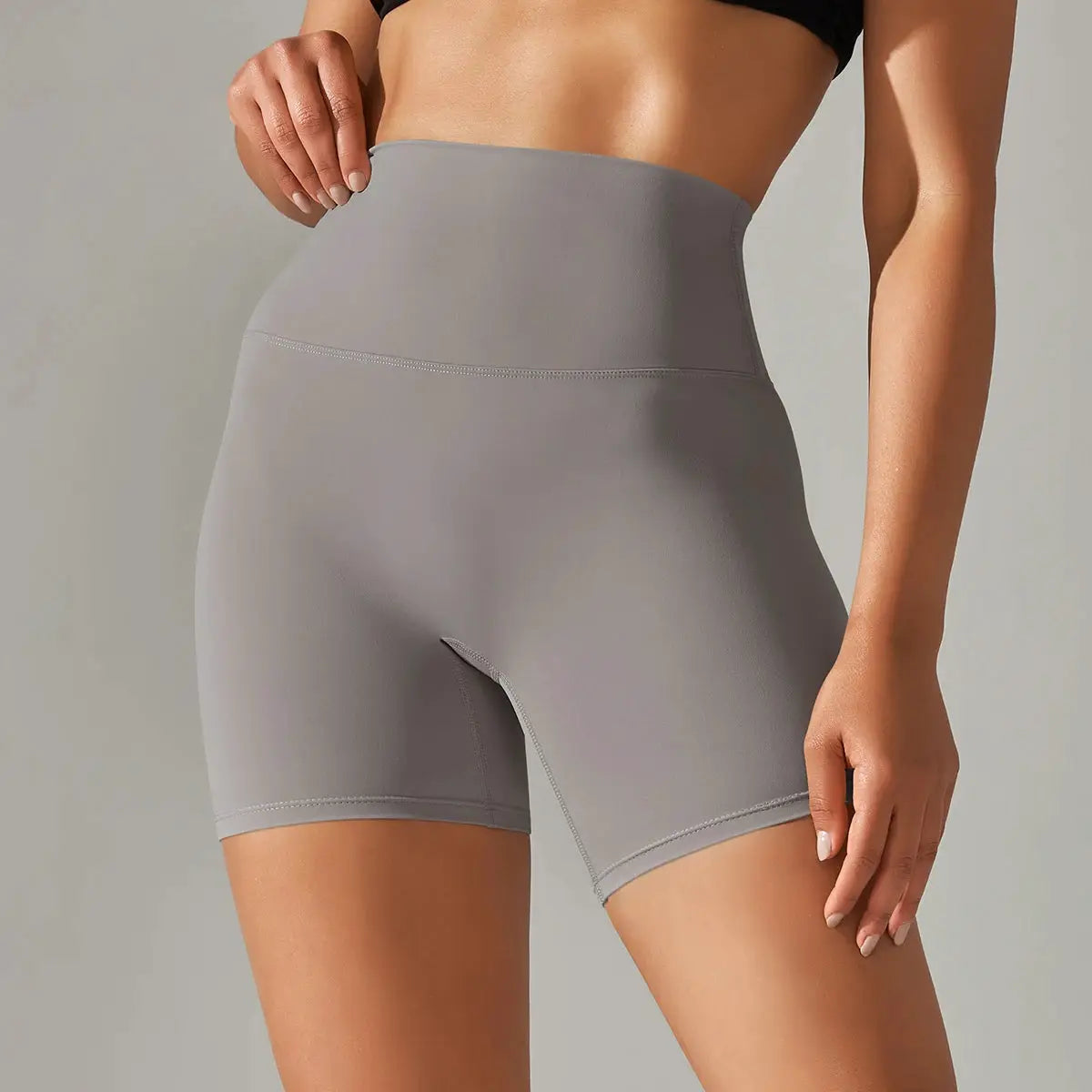 Women's high-waist gray yoga shorts, quick-dry and squat-proof for gym workouts