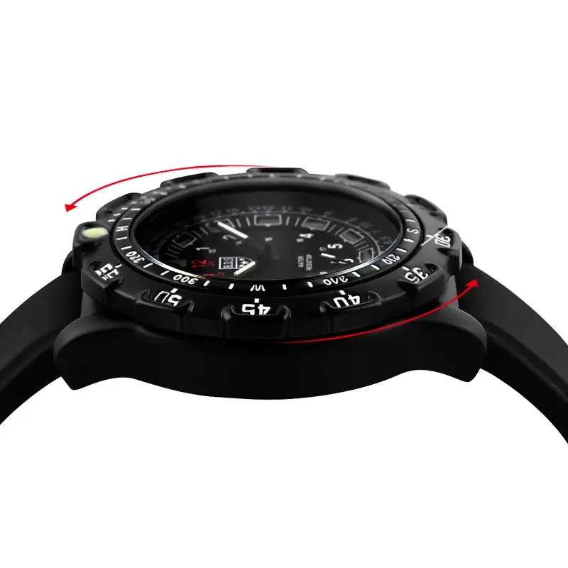 Addies Military Watch by Simples Market; black tactical quartz wristwatch with luminous dial, rotating bezel, waterproof.