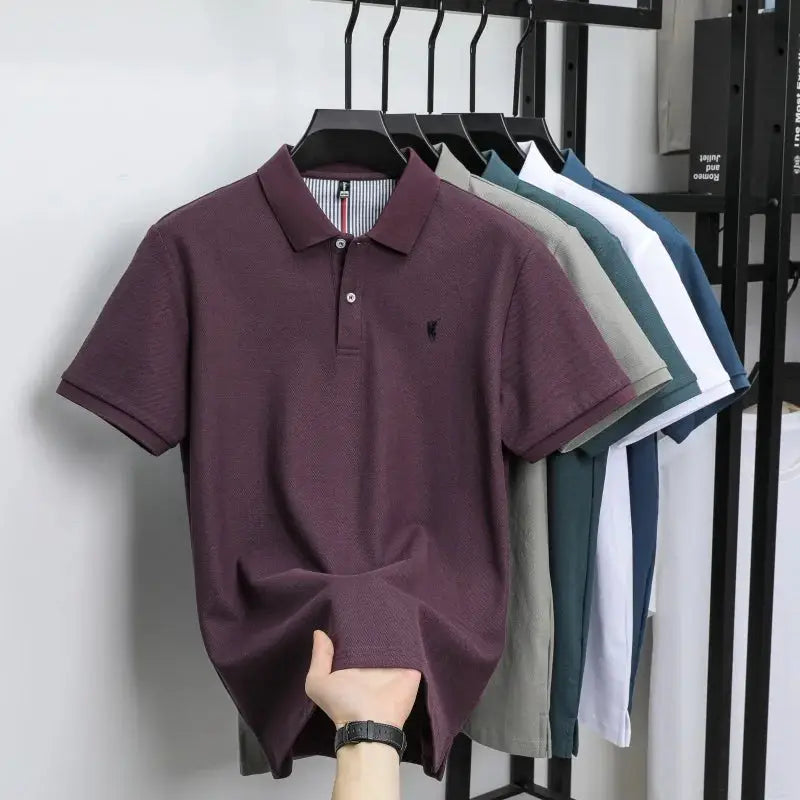 Maroon polo shirt, 100% cotton, short sleeves with pony embroidery; men's casual/business wear in multiple colors