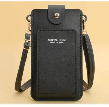 Black soft leather women's crossbody wallet with phone pocket and detachable strap, gold hardware