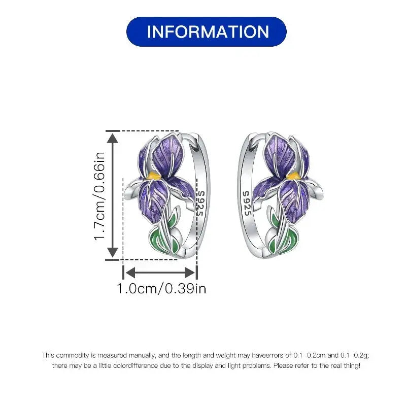 925 Sterling Silver Purple Iris Hoop Earrings With Zircon Flower And Plant Series For Women Gift