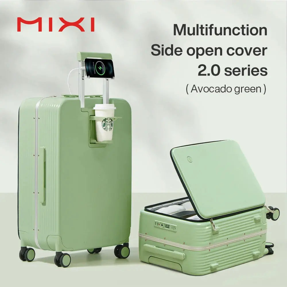 Mixi avocado green aluminum-frame carry-on luggage with USB port, cup and phone holder, 2-piece set.