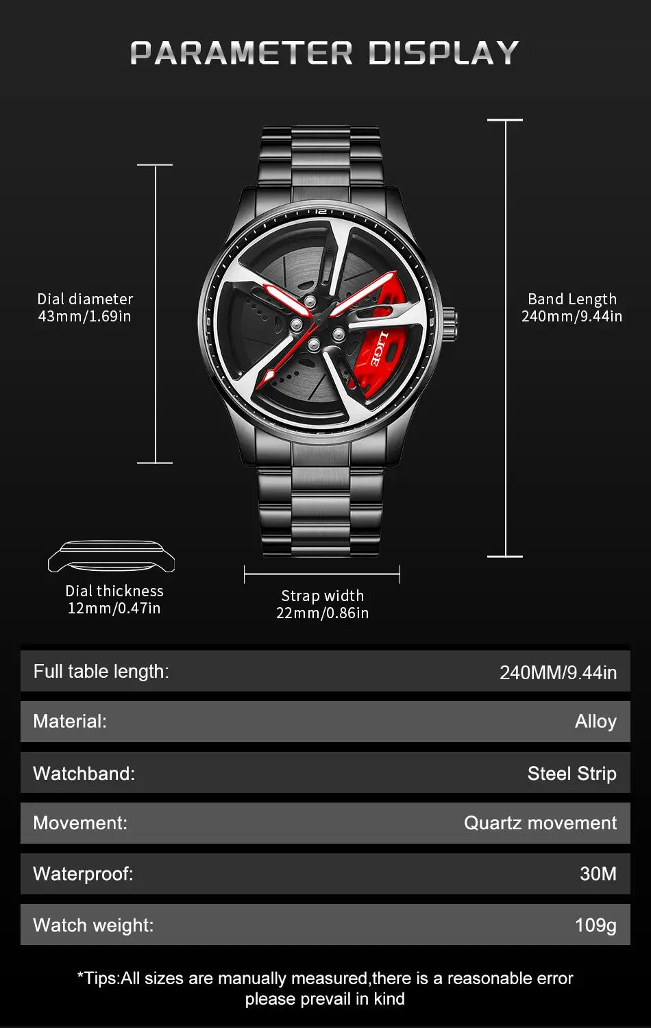 LIGE sport car-wheel dial watch with stainless steel strap, 43mm dial and red rotor accents
