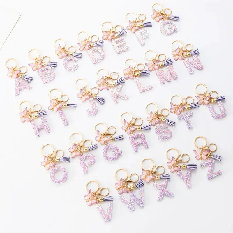 Sequin Letters Keychain For Women With Tassel Butterfly Pendant Initial Key Ring Purse Charm Car Key Chain Accessories