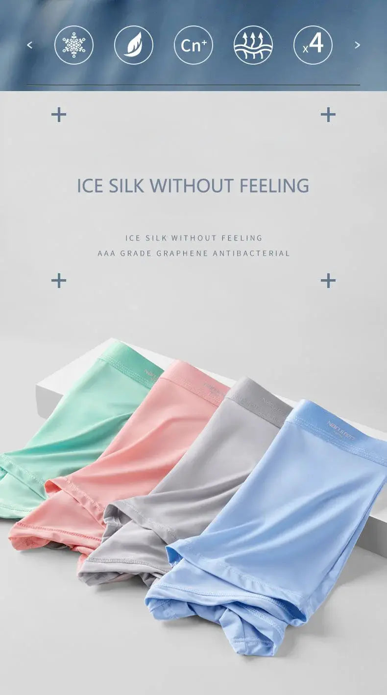 4-pack men's ice silk boxer shorts by Simples Market in mint green, pink, gray, and light blue.