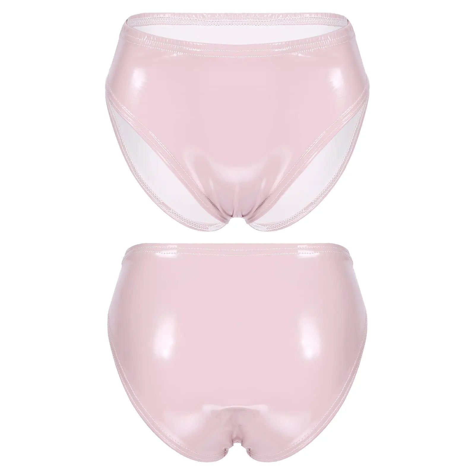 Womens pink patent leather hot pants briefs with sheer side panels, 2-piece set