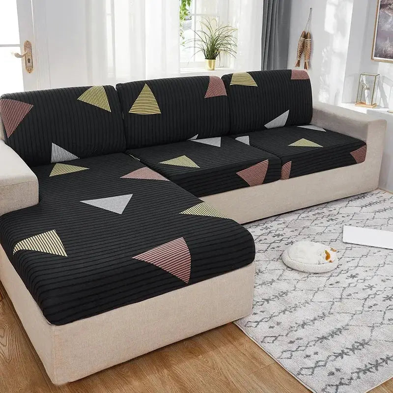 Elastic seat cushion cover and sofa slipcover in black with multicolor triangle pattern Simples Market