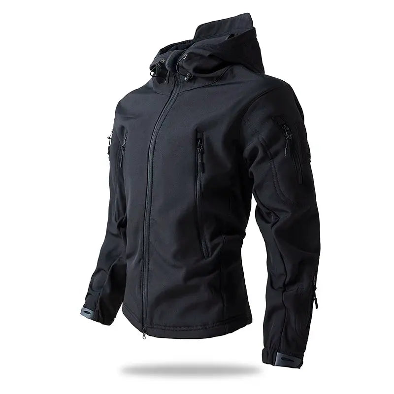 Men's Lurker Shark Skin soft shell tactical jacket, black waterproof hooded coat with zippered pockets.
