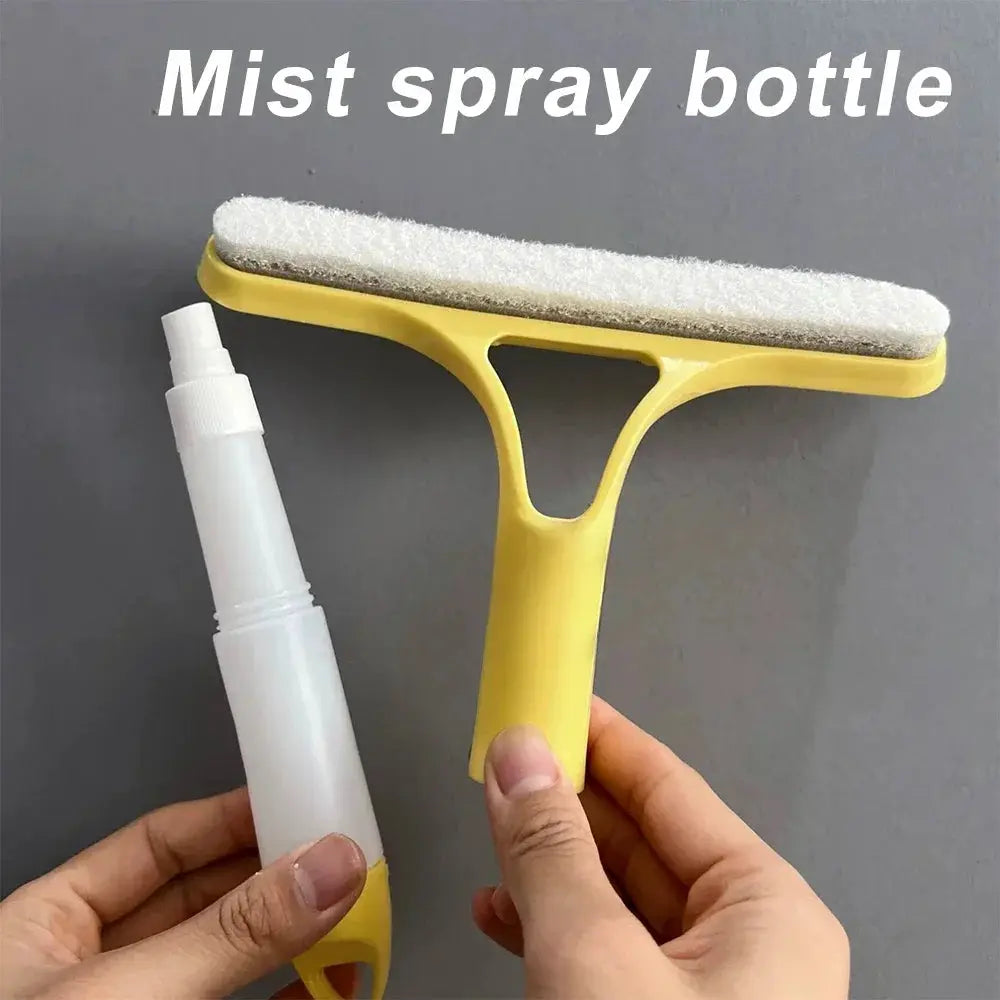 3-in-1 window cleaning squeegee with spray bottle and microfiber scrub pad, yellow handle; two tools shown