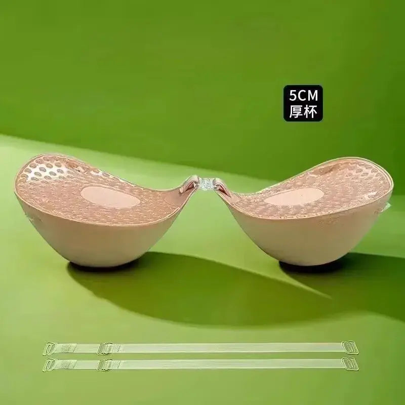 Breathable 5cm thick adhesive silicone nipple tape bra with front push-up cups and clear straps