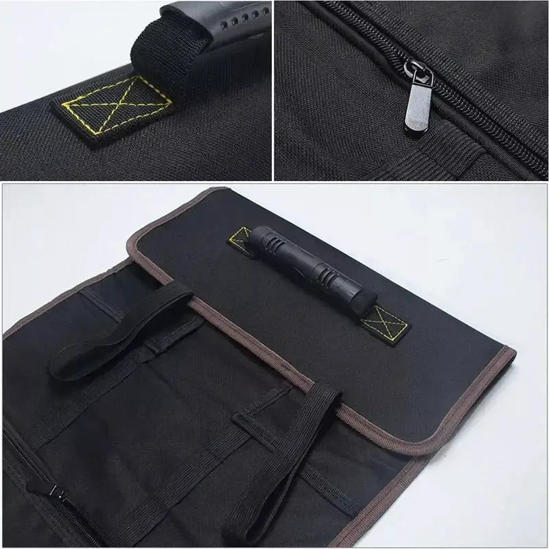 Simples Market multifunction tool bag in black Oxford canvas with brown trim and handle
