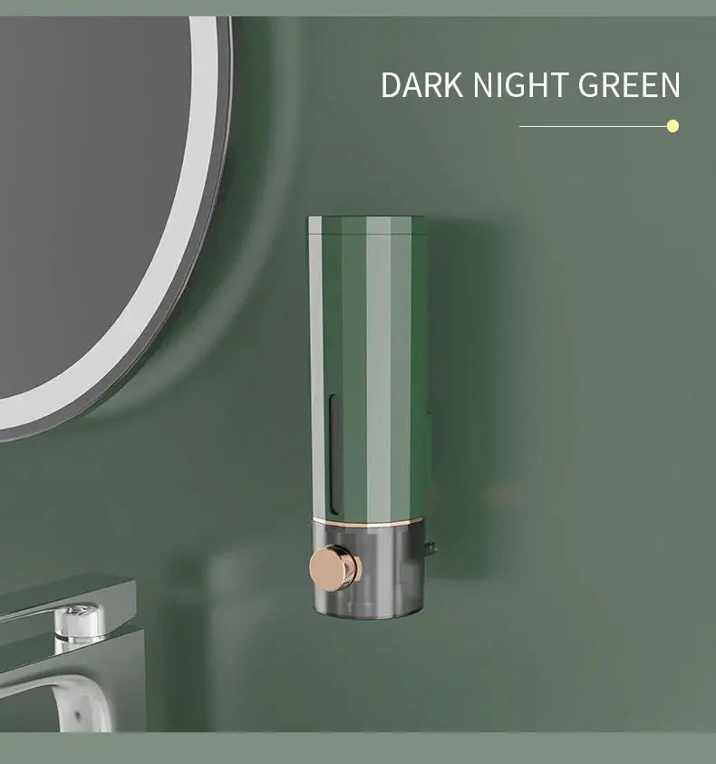 Wall-mounted manual soap dispenser in dark night green with bronze knob and silver base