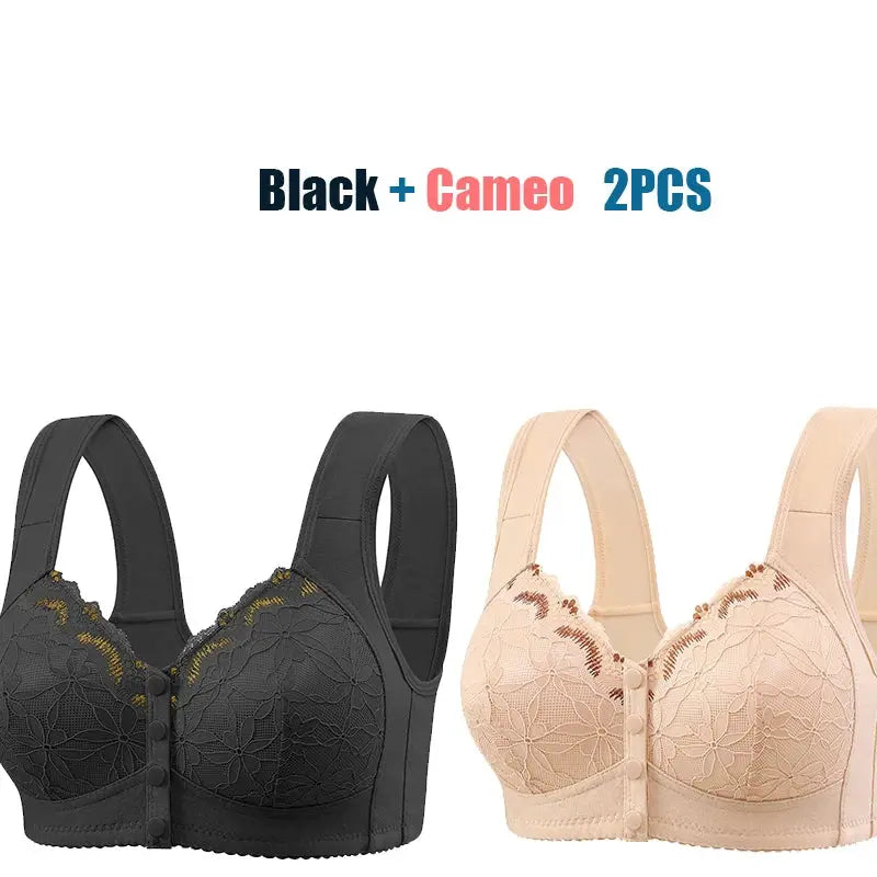 Two lace-front wireless bras in black and nude with front buckle closure and soft cotton cups
