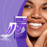 Teeth whitening strips kit in purple packaging beside a smiling person with bright teeth
