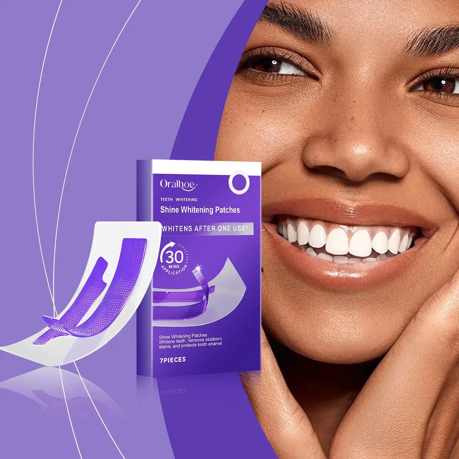 Teeth whitening strips kit in purple packaging beside a smiling person with bright teeth