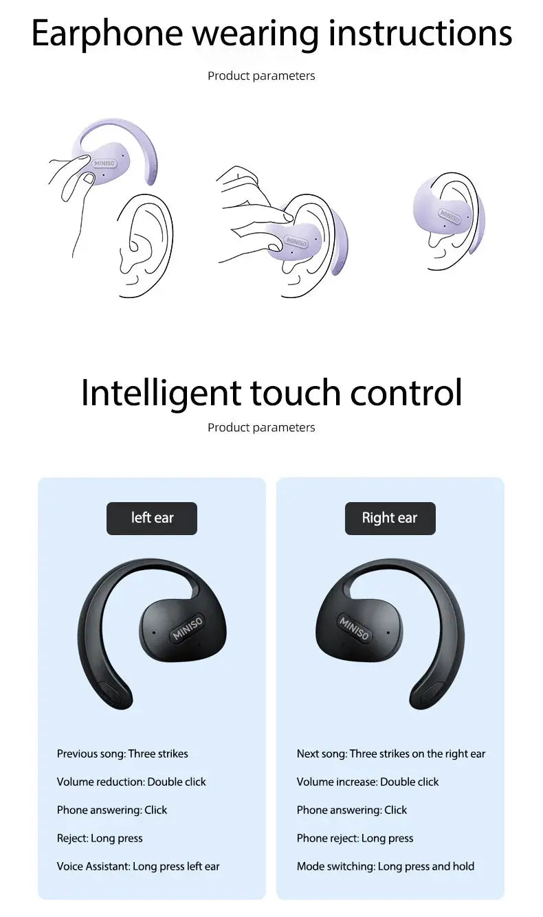 MINISO X15Pro translator Bluetooth headset; wireless left and right earphones in black with over-ear hook