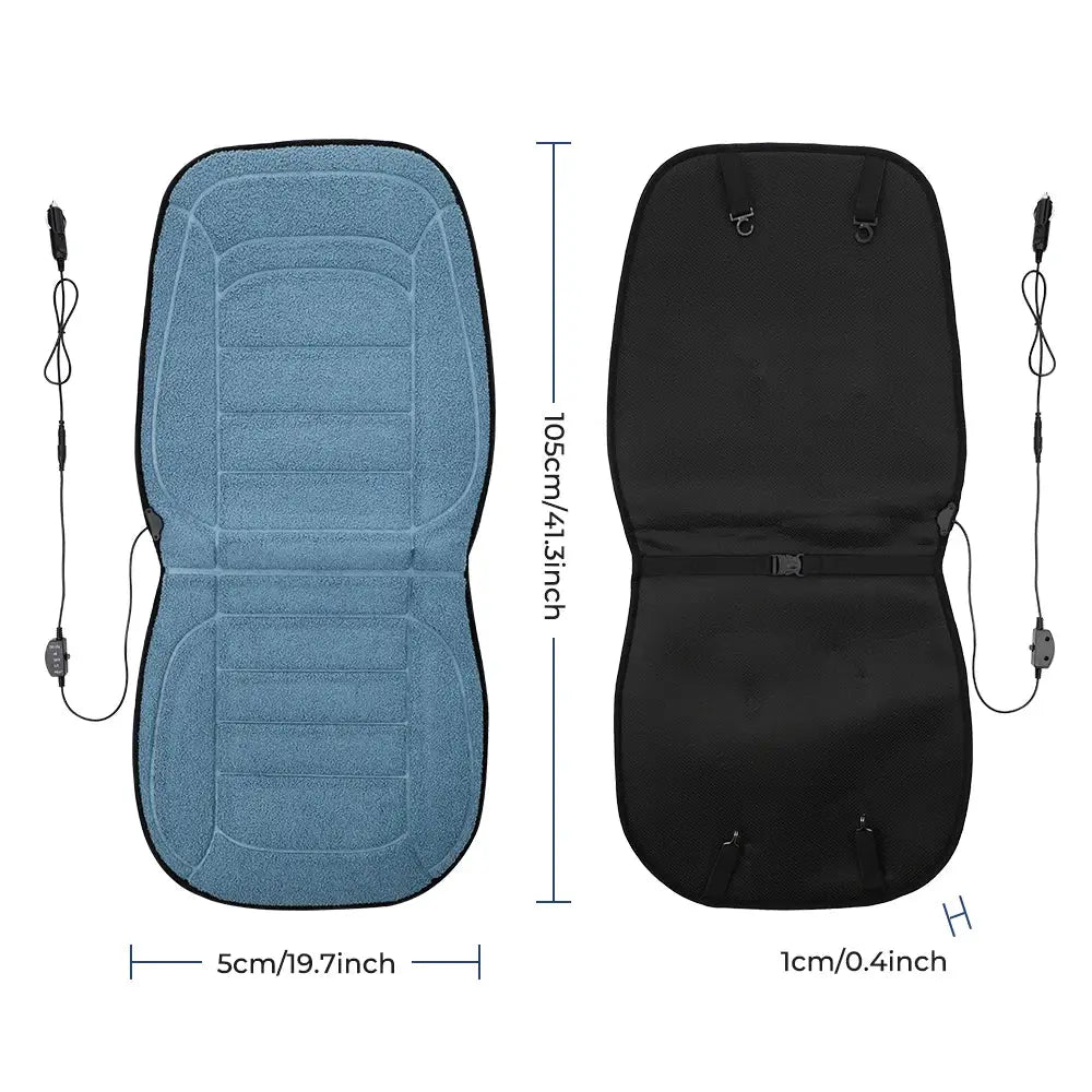 Simples Market massager chair pad with electric heating and vibrating neck/back cushion, blue top and black underside.
