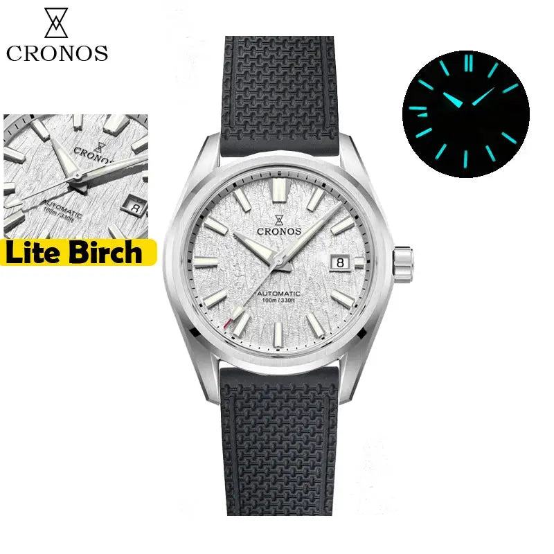 Cronos men’s 39mm automatic watch, Miyota 9015, birch dial, silver case, black textured strap, sapphire crystal