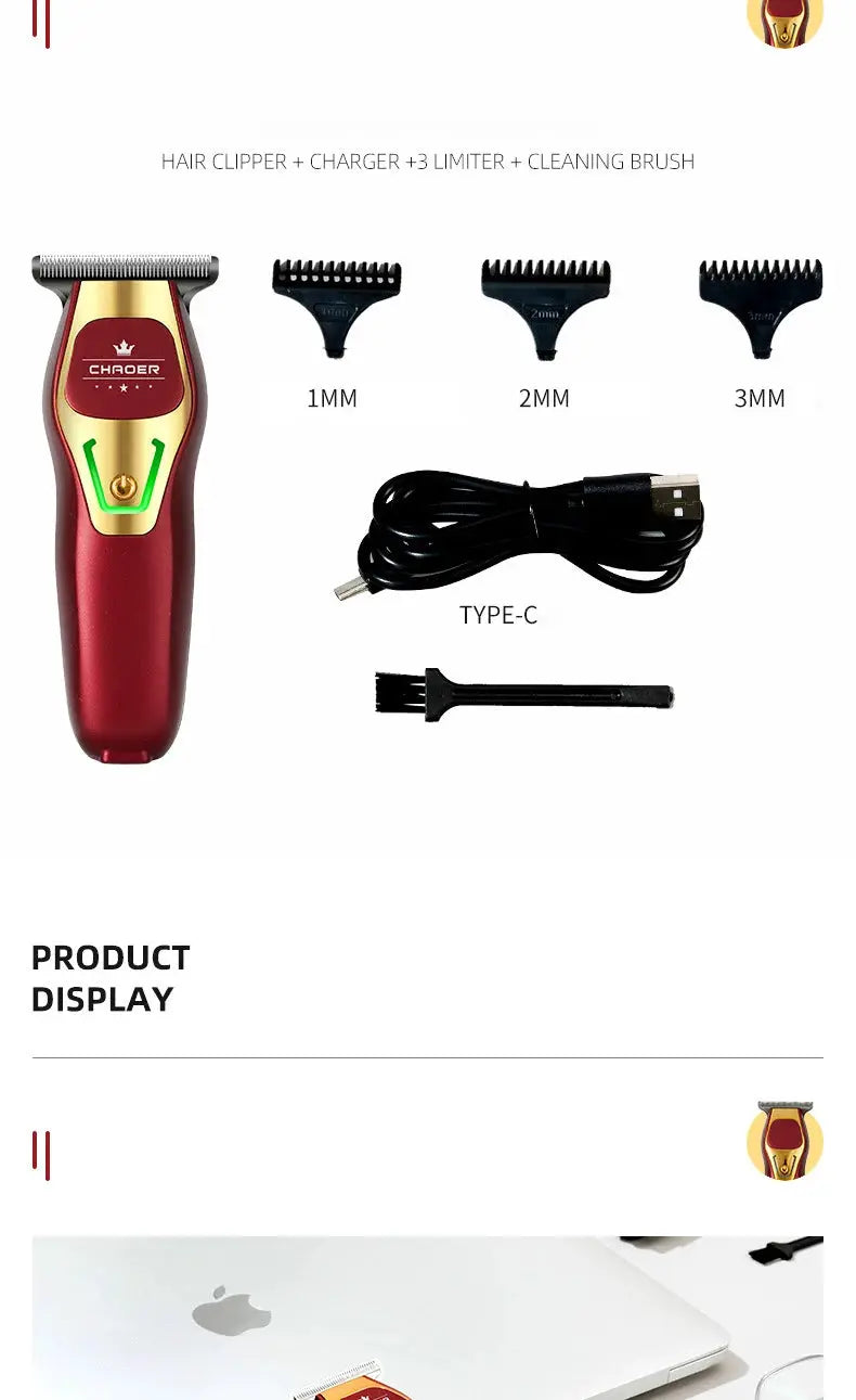 Hair clipper kit Simples Market in red-gold with 1mm, 2mm, 3mm combs, USB-C charging cable, cleaning brush